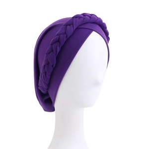 Deep purple elastic turban hat for women featuring a stylish braided front decoration
