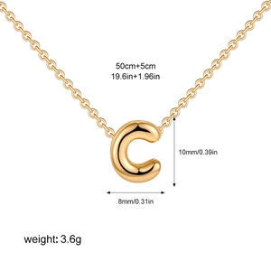 Detail showing 50cm gold letter C bubble pendant necklace with size and weight dimensions