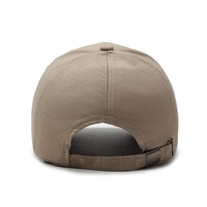 Rear view of khaki canvas baseball cap featuring adjustable bronze metal buckle strap