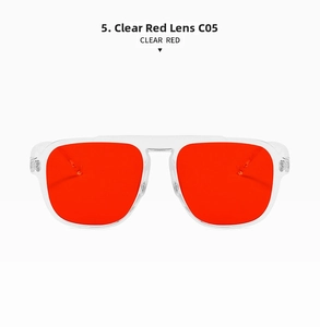 Detail view of transparent red frame sunglasses with C05 model mark on white background