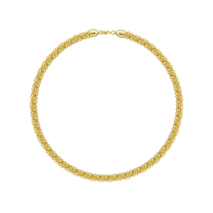 Minimalist gold-plated round choker necklace with woven metal texture on a white background