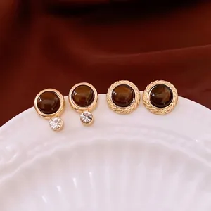 Vintage Round Resin Stud Earrings With Silver Earring Post Elegant Alloy Geometric Jewelry For Women