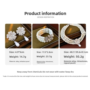 Detail view of flower-shaped earrings, bracelet, and pearl necklace with dimensions