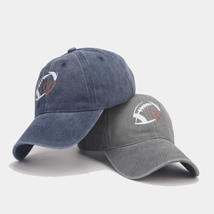 Retro washed cotton baseball caps with football and heart embroidery for outdoor sports
