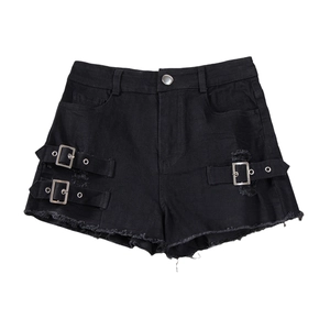 Detail view of high-waist black denim shorts featuring metal buckles and ripped edges