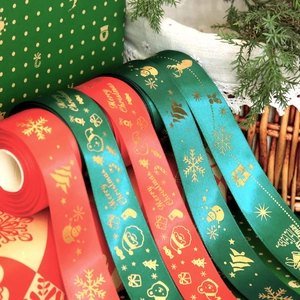 Christmas Gold Stamping Ribbons Polyester Satin For Gift Wrapping DIY Bows Holiday Decor Festive Patterns