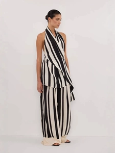 Striped Halter Backless Top And Wide Leg Pants Chiffon Summer Elegant Casual Outfit For Women