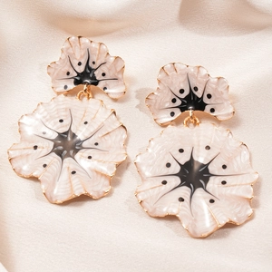 Vintage enamel ginkgo flower earrings with black pattern and gold plating on silk
