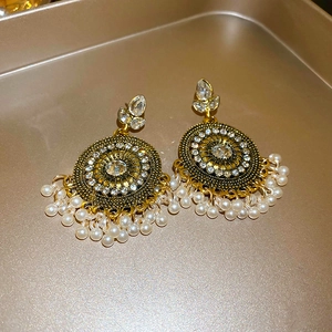 Ethnic phoenix crescent moon earrings with white pearl tassels and crystal inlay