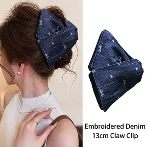 Pince À Cheveux En Jean Avec Broderie Grande Pince Triangle Rétro Élégant Accessoire De Cheveux Pour Femmes