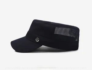 Side view of dark blue breathable mesh cadet cap with silver circular metal detail