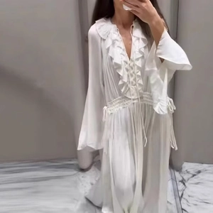Robe Longue À Manches Longues Blanche Polyester Col En V À Volants Taille Haute Élastique Vacances Romantiques Françaises Femmes Bohèmes