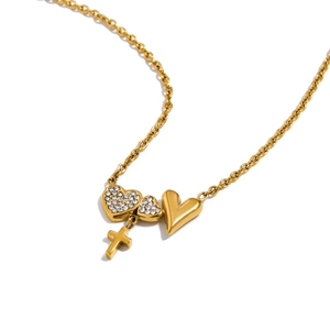 18K gold plated stainless steel heart and cross pendant necklace with sparkling crystals