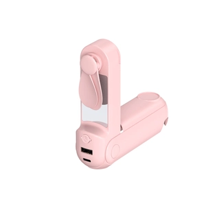 Pink 3-in-1 portable folding handheld fan with power bank and USB charging feature