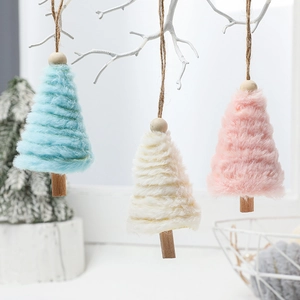 Plush Christmas tree pendants in blue white and pink with wooden base and hanging rope