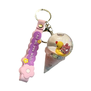 Cartoon milk tea cup keychain featuring My Melody and duck in crystal liquid sand