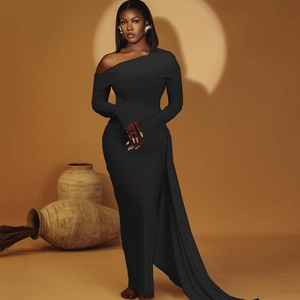 Elegant black one-shoulder long sleeve maxi dress with asymmetric drape detail