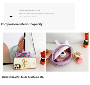 Detail showing inner storage of purple unicorn crossbody bag with silver chain