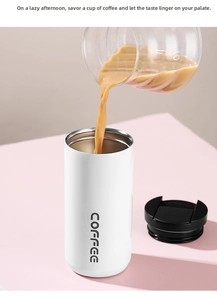 Pouring fresh latte into a white stainless steel coffee tumbler with a black lid