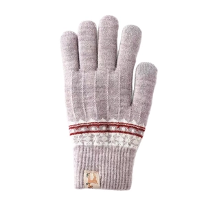 Knitted winter gloves for women with Nordic patterns and warm lining in purple and beige