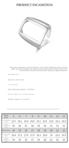 Detailed size guide table for S925 sterling silver rectangular hollow open ring
