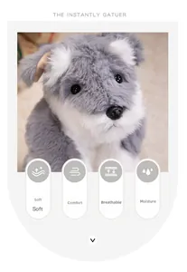 Detail showing soft gray and white plush fabric and realistic eyes of the Schnauzer dog toy