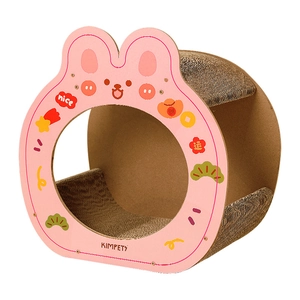 Pink rabbit-shaped corrugated cat scratcher house with spacious interior for cats