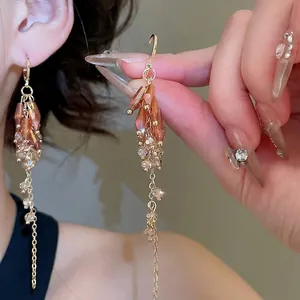 Bohemian amber crystal teardrop earrings with long gold tassel fringe for women