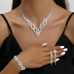 Elegant Bridal Jewelry Necklace And Earrings With Rhinestones Silver Tone Hollow Out Design For Women Wedding Party