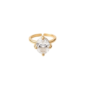 Elegant gold-plated open ring featuring a large oval-cut sparkling zirconia stone.