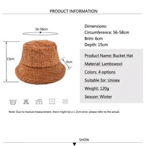 Brown fleece bucket hat for winter with size specs 56-58cm circumference and 6cm brim