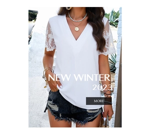 Detail view of the white V-neck chiffon top featuring elegant lace patchwork on mid-sleeves