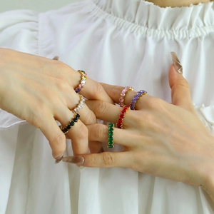 Chic 18K gold plated titanium ring with seven colors of sparkling cubic zirconia stones