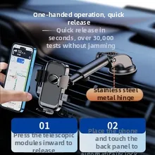 Detail of universal car phone holder showing stainless steel axis and auto-lock mechanism