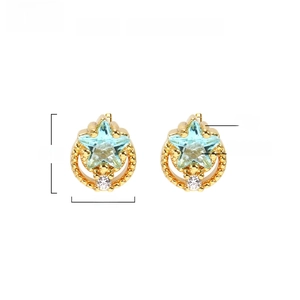 Detail of moon and star gold studs with blue AAA zircon stones and 7mm dimensions