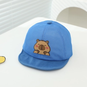 Detail of blue breathable mesh fabric and cartoon capybara patch on baby sun hat