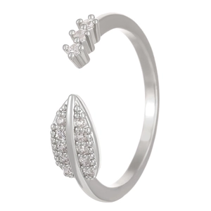 Silver open arrow ring with cubic zirconia inlay and asymmetric leaf design