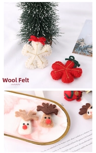 Detail of handmade wool felt Christmas ornaments featuring reindeer and snowflake crafts