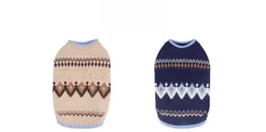 Detail view of Fair Isle knit pet sweaters in beige and navy with ribbed blue necklines