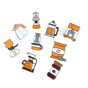 Set of 9 coffee-themed enamel pins featuring espresso machines and professional brewing tools