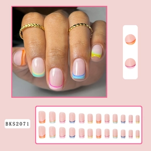 Detailed view of 24pcs long French press-on nails with colorful wavy line patterns