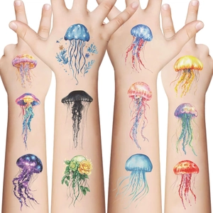 Colorful jellyfish temporary tattoos in blue and purple styles for kids party