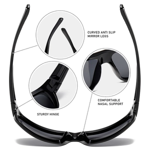 Polarized cycling sunglasses featuring non-slip temples and reinforced metal hinges
