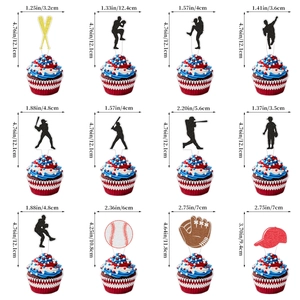 Set of 12 glitter baseball cupcake toppers featuring silhouettes and equipment measurements