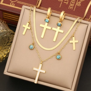 Stainless Steel Double Layer Necklace With Turquoise Rhinestone Cross Pendant Gold Plated Jewelry For Women