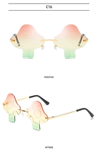Detail of mushroom shaped rimless sunglasses with red yellow green gradient lenses