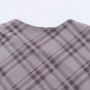 Detail of round neckline and mauve plaid pattern on semi-transparent mesh dress