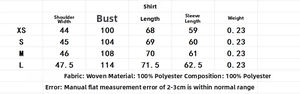 Detailed size guide table for summer polyester shirt with dimensions in centimeters