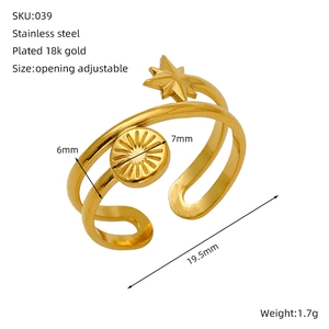 Detail view of 18k gold plated stainless steel hollow ring with sun star design and dimensions