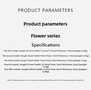 Detailed size specifications for five types of gold-plated stainless steel flower pendants